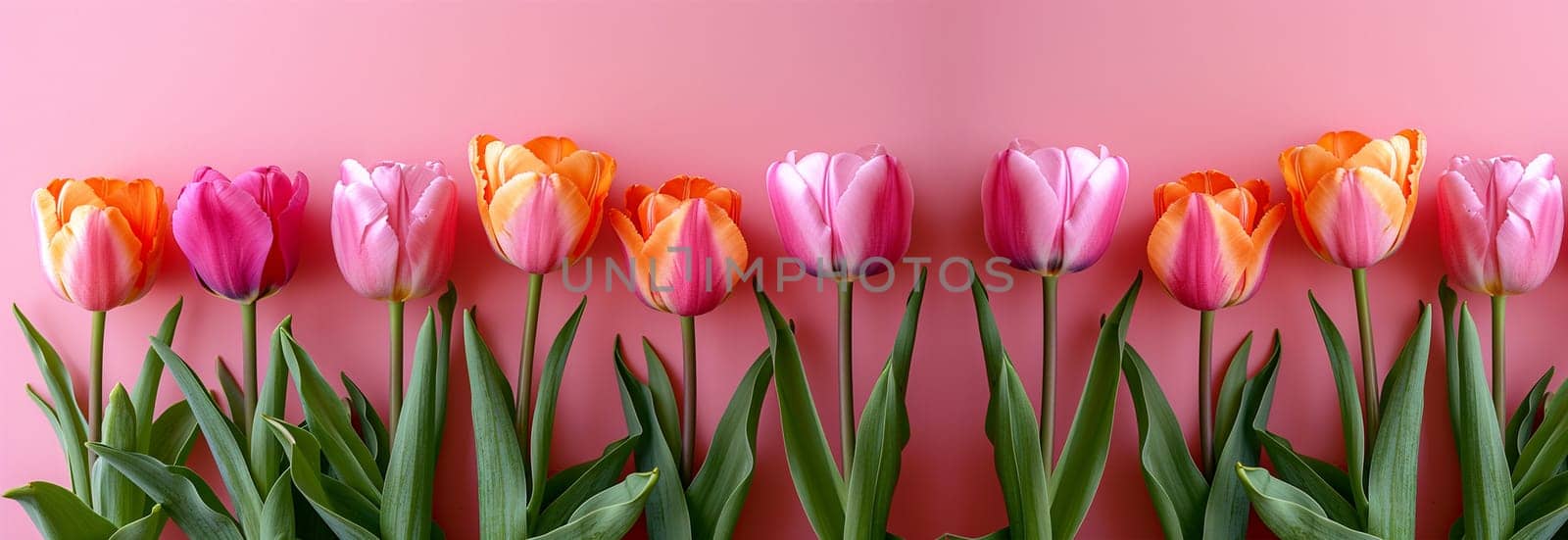 Pink and orange tulips on the pink background. Flat lay, top view. Valentines background. Horizontal, banner format Copy space. Spring design Space for text