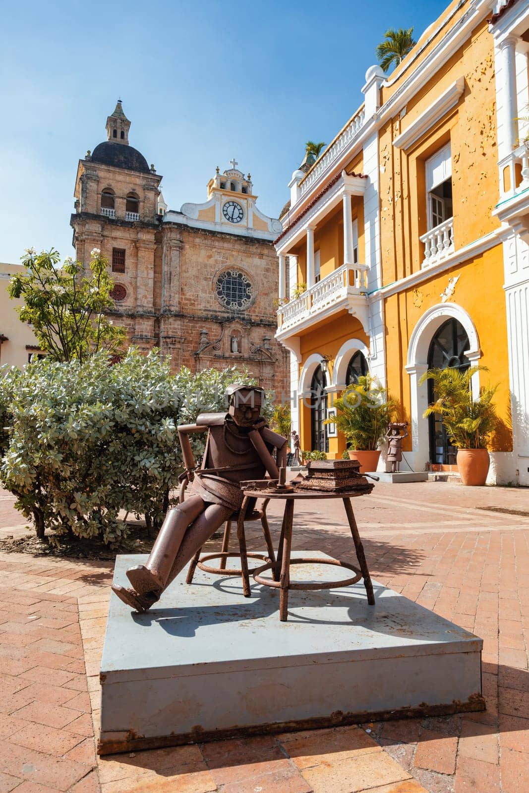 Plaza de San Pedro Claver, colonial building in Cartagena de Indias, Colombia. Church is part of a set of religious buildings by Cloister of San Pedro Claver and archaeological museum.