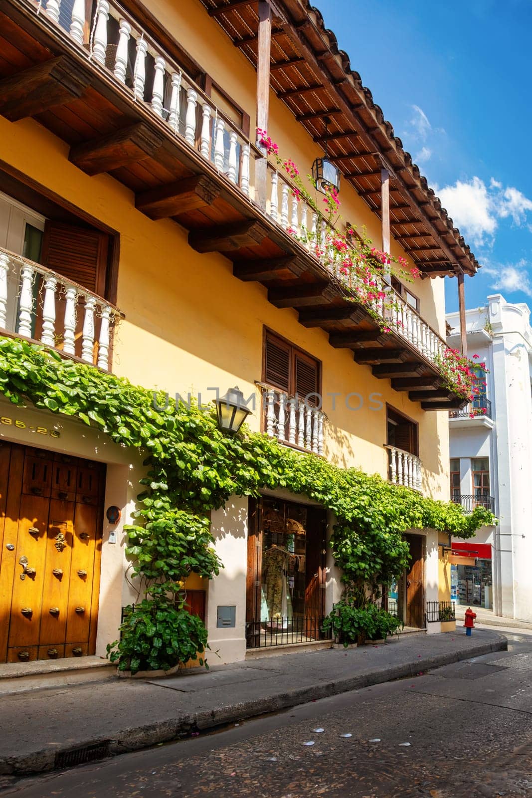 Beautiful building in historic city Cartagena de Indias with beautiful colonial architecture. The one of most beautiful town in Caribbean Coast Region, Colombia.