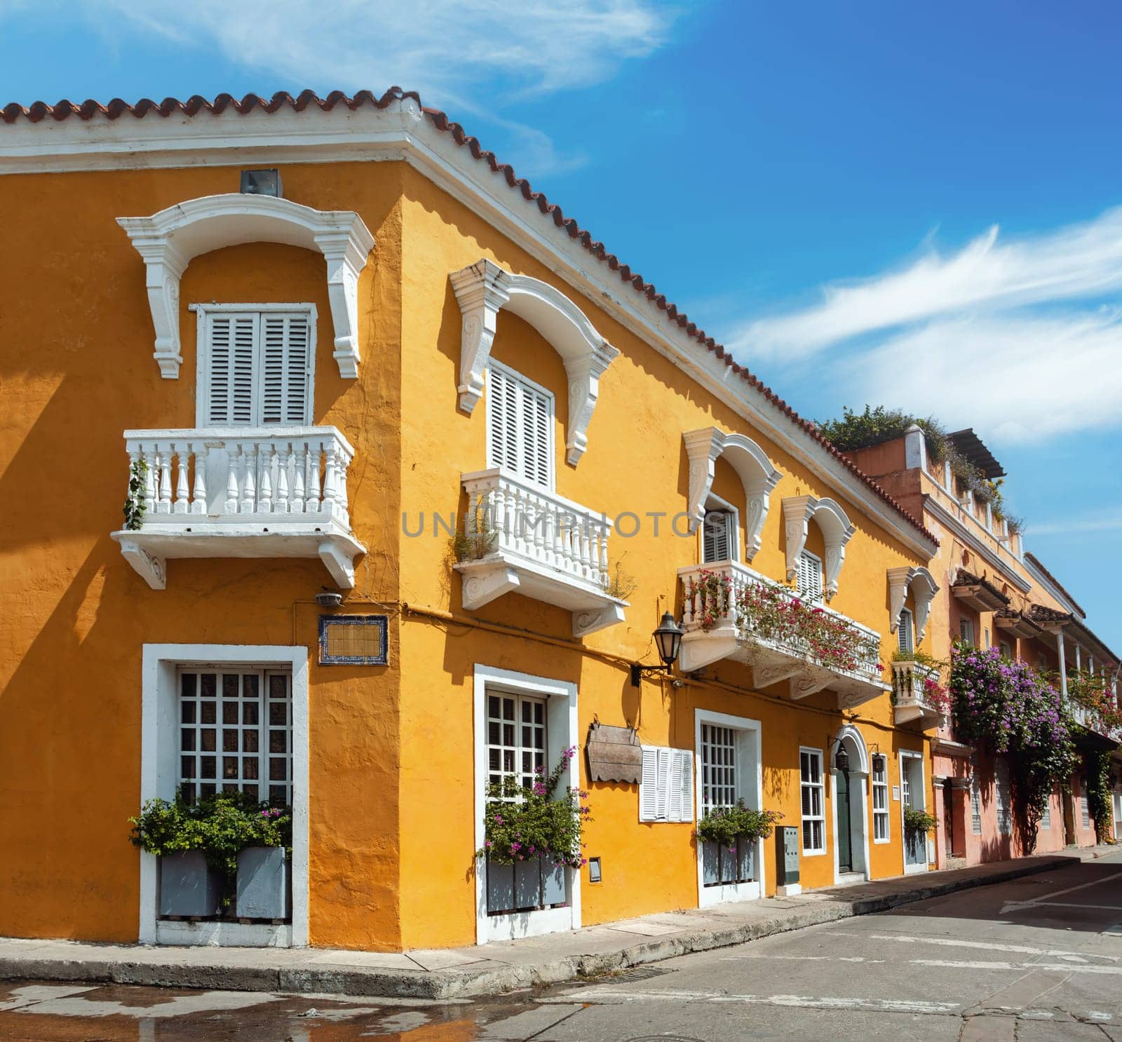 Beautiful building in historic city Cartagena de Indias with beautiful colonial architecture. The one of most beautiful town in Caribbean Coast Region, Colombia.