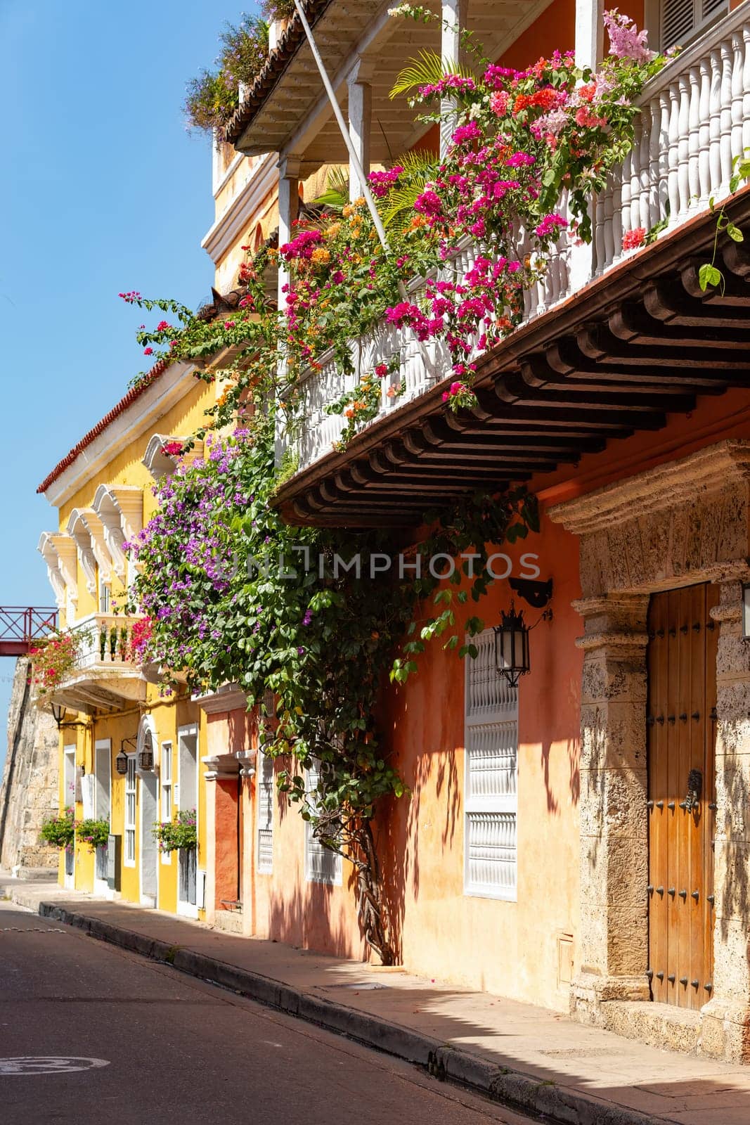 Beautiful building in historic city Cartagena de Indias with beautiful colonial architecture. The one of most beautiful town in Caribbean Coast Region, Colombia.