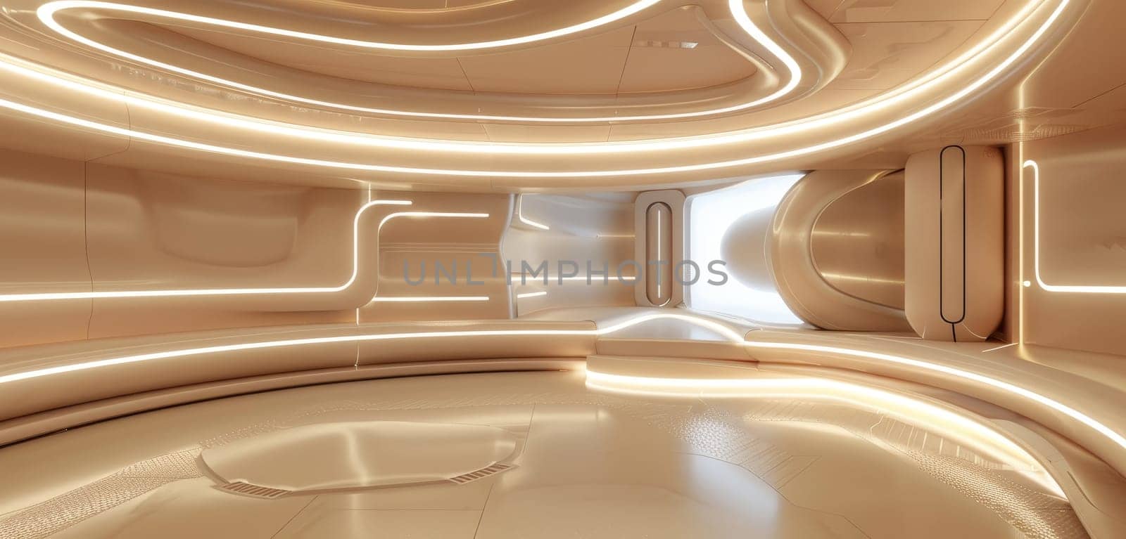 A warm-toned, spacious interior with abstract curved walls and multiple oval windows casting soft light. This futuristic design evokes a sense of innovation and serenity