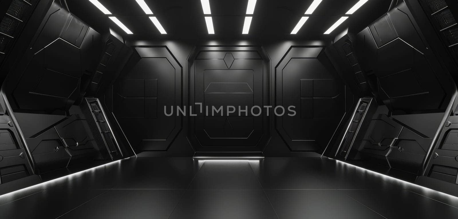 A minimalist black hallway illuminated by bright overhead lights creates a stark, monochrome effect that is both dramatic and contemporary