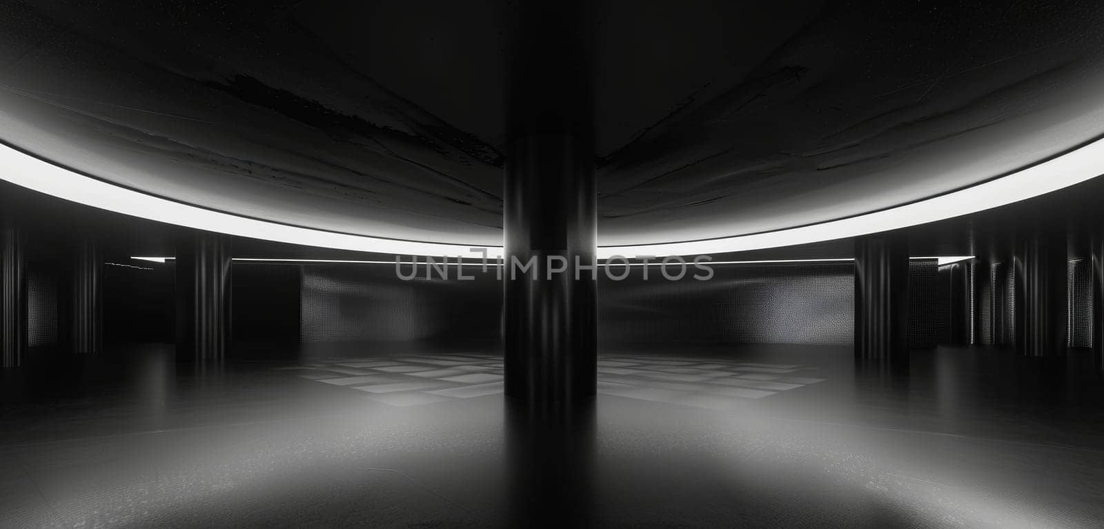 A circular light portal casts an ethereal glow in a dark, expansive room, suggesting a portal to another dimension or futuristic gateway