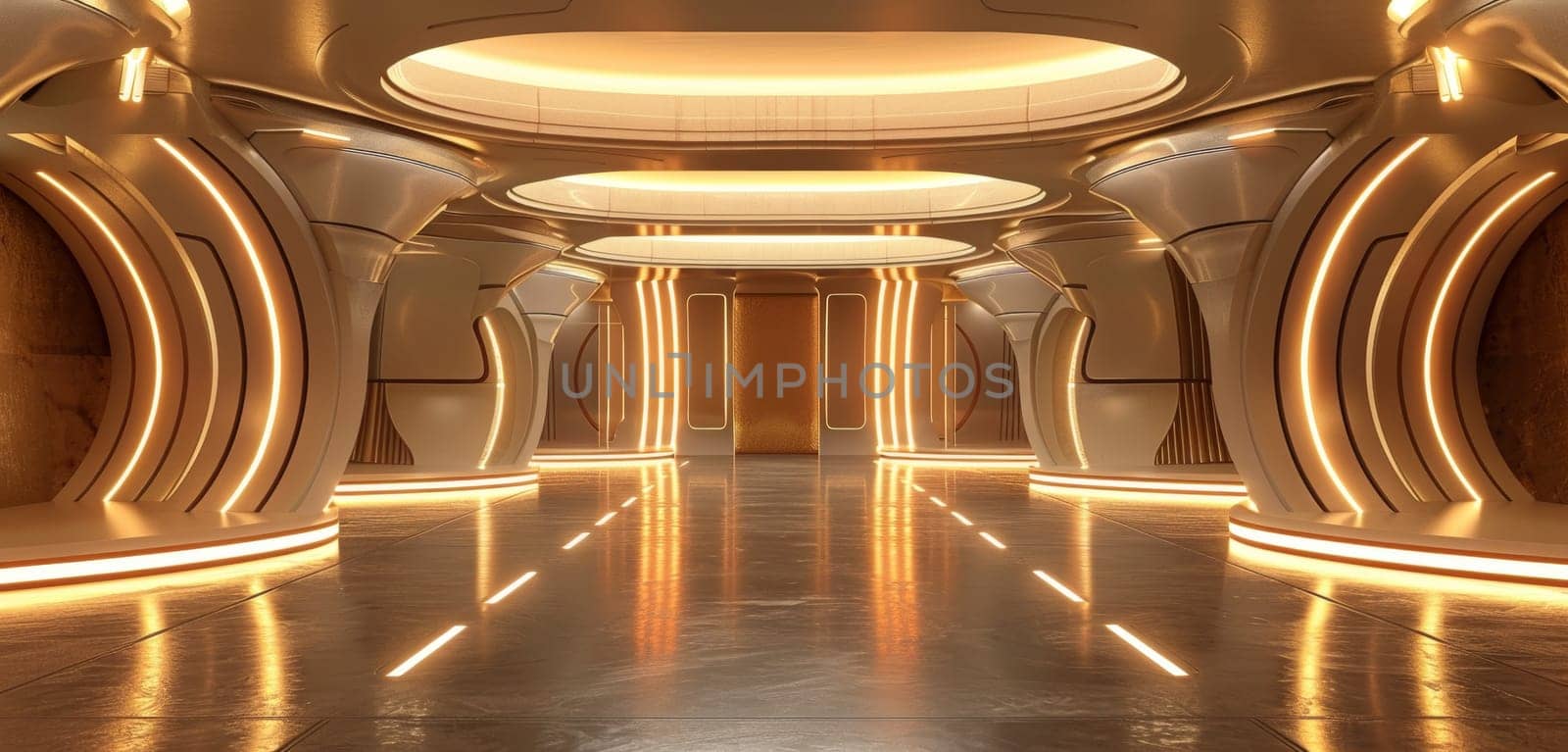 This corridor's warm hues and structural lighting create a scene straight out of a science fiction tale. It's a blend of warmth and futuristic design