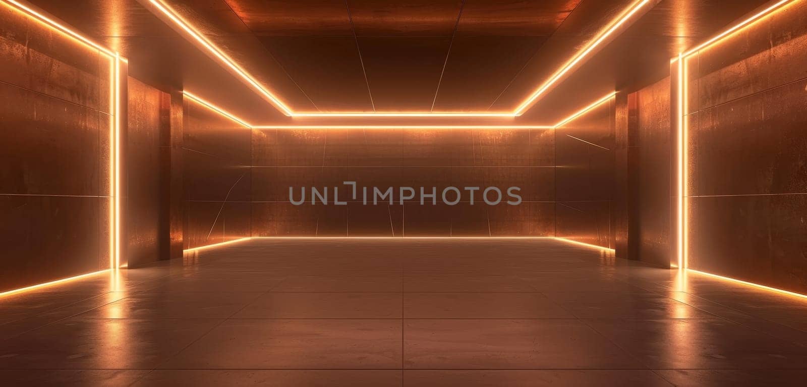 The warm amber tones of this corridor create a welcoming yet mysterious atmosphere. Its reflective surfaces and geometric symmetry offer a sense of infinite depth