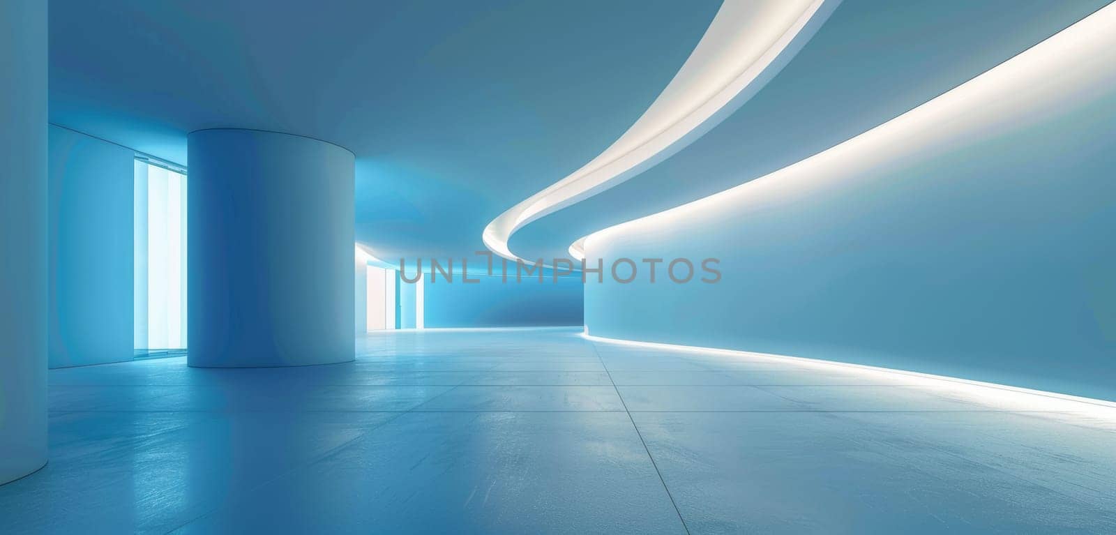 The soft, diffused light enhances the smooth curves of this tranquil blue corridor, giving a sense of calm and modernity