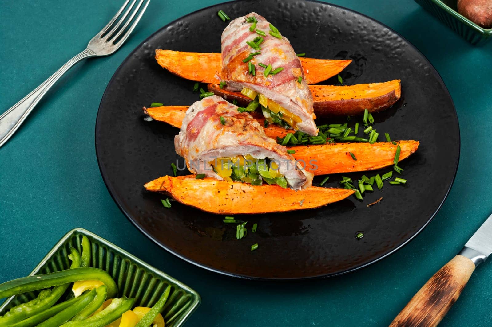 Roasted Pork Shoulder and Sweet Potatoes. German Dinner. Flat Lay