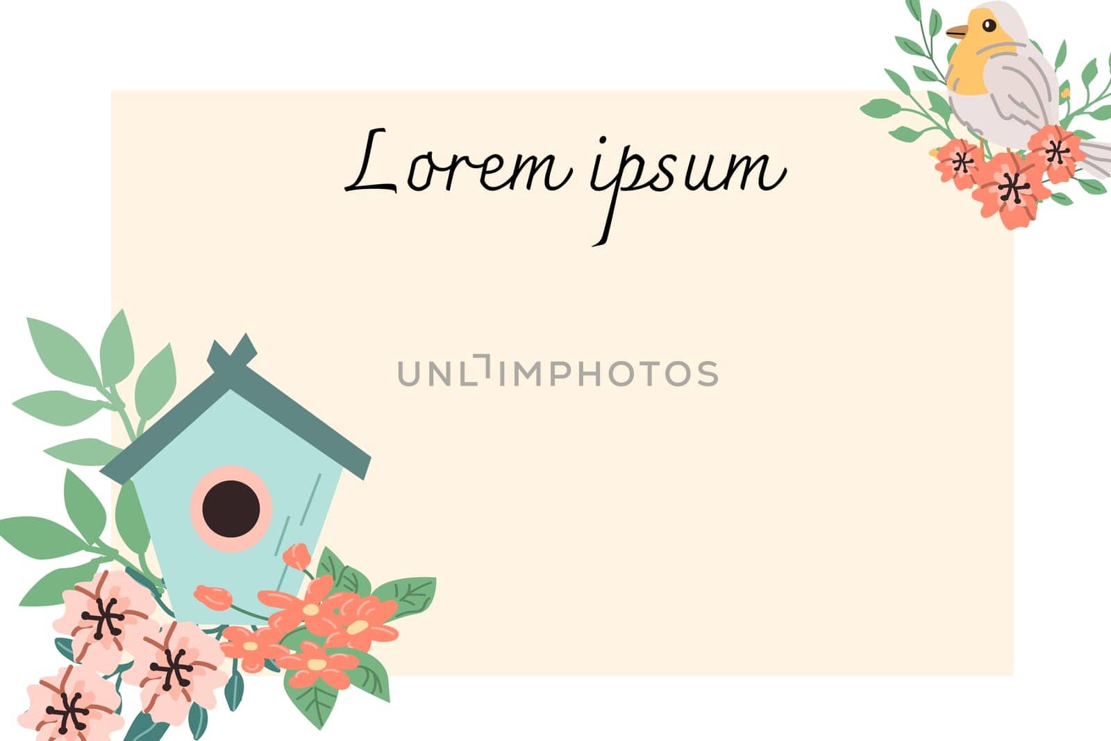Spring greeting card with bird and birdhouse with flower. Vector illustration can used for postcard, greeting card, label, poster.
