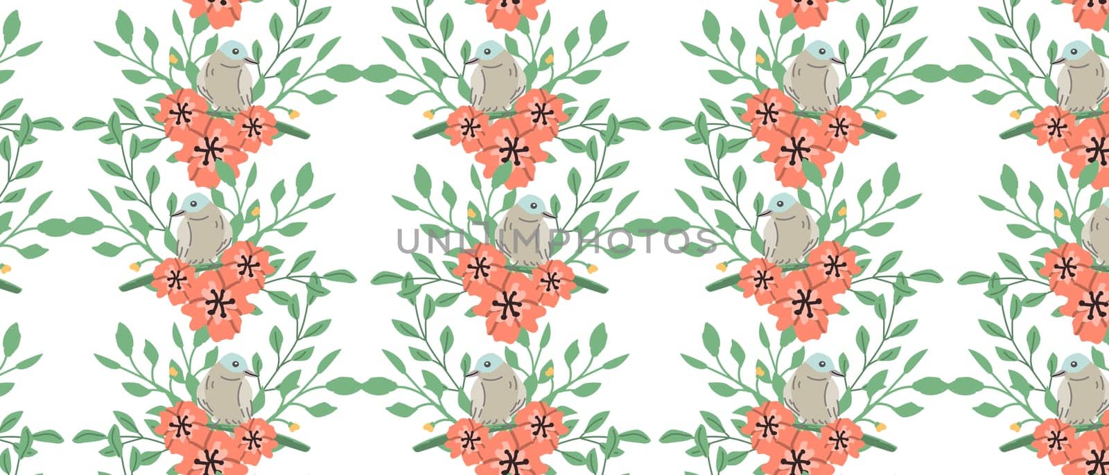 floral seamless pattern with bird ditsy pink flowers. Vector illustration in vintage style. Elegant design for textile, interior decoration. Pink daisy flowers and leaves and bird seamless background.