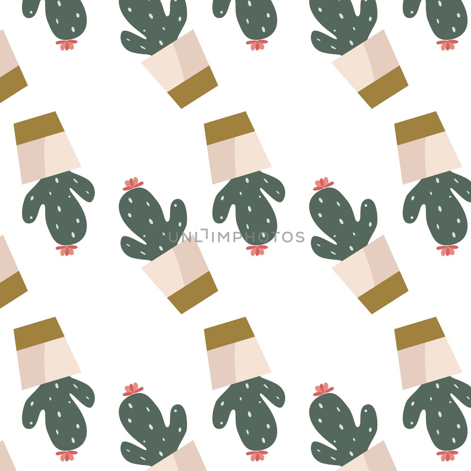 scandinavian houseplant cactus in golden pot seamless pattern. Vector illustration of succulent flower in decorative pot. Modern home plants background.