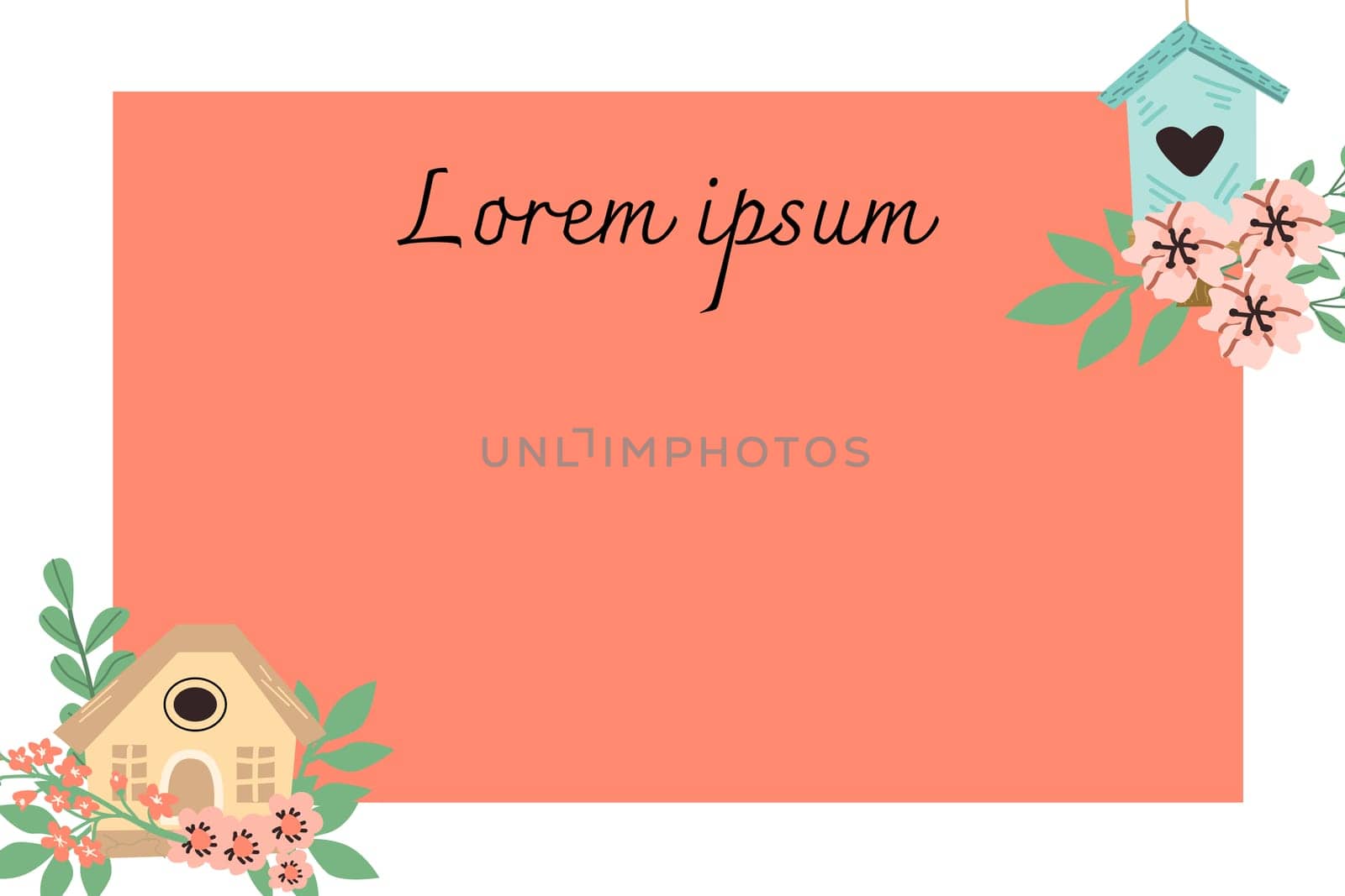Spring card template with birdhouses and copy space. Vector illustration on red background.