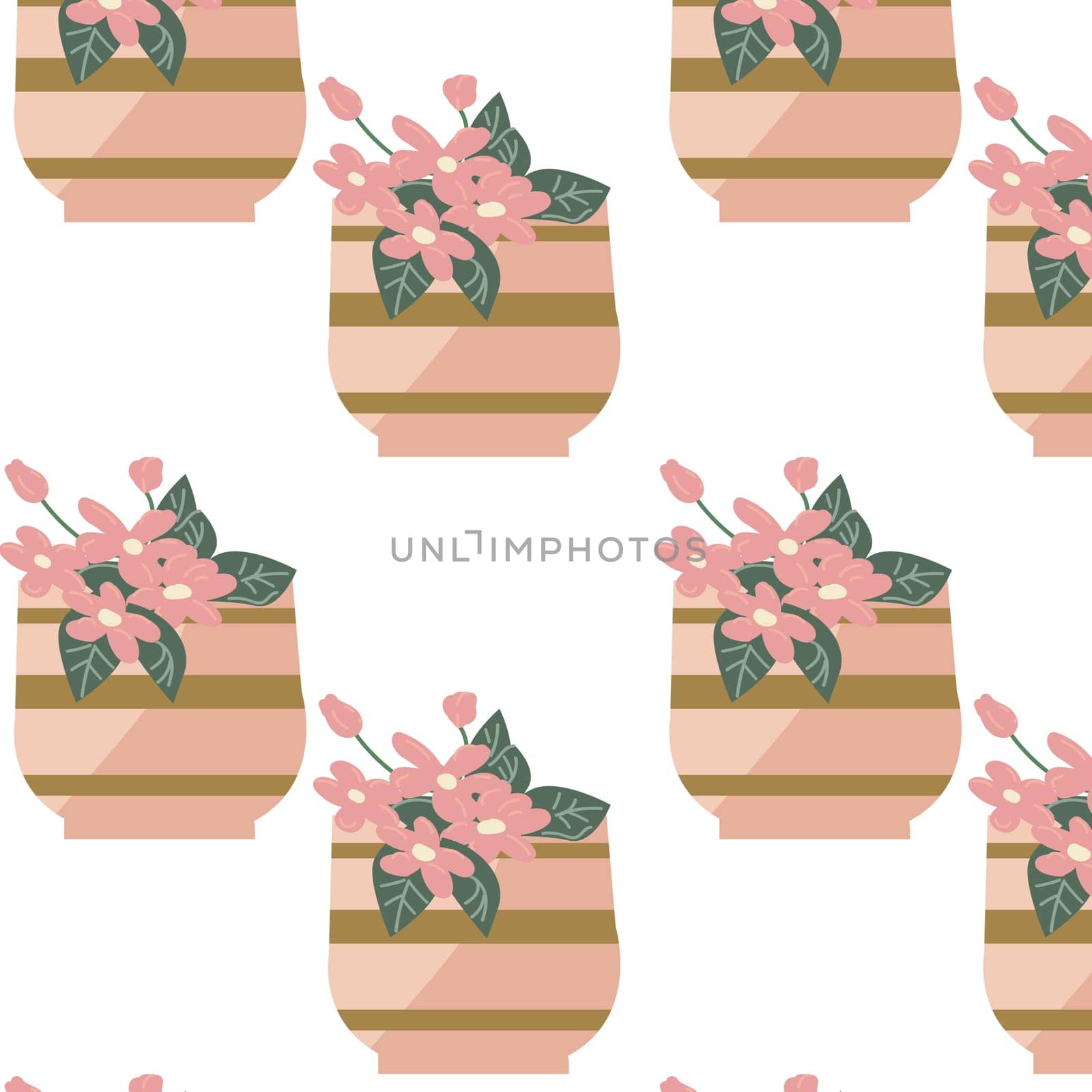 spring or summer pattern with vase and pink flowers. Vector illustration can used for wrapping paper, textile, fabric design, print for clothes, posters.