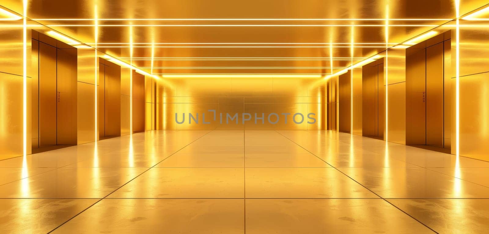 This image captures the grandeur of a golden hallway, where mirrored reflections create a luxurious maze. The dazzling effect offers a glimpse into a world of opulence and grand design