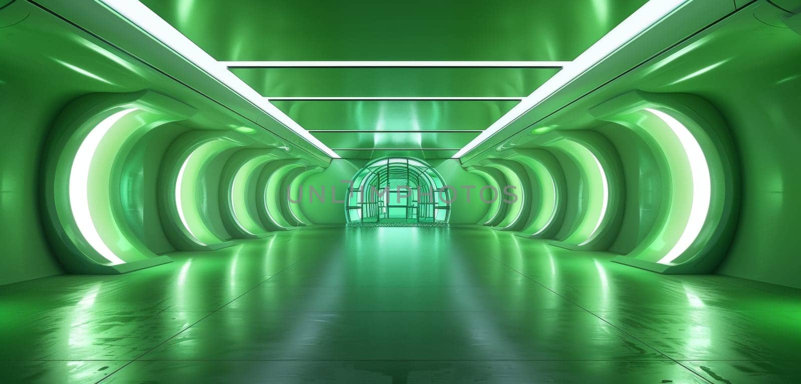 A tunnel glowing with neon green lights evokes the energy of futuristic travel, with its vibrant colors leading towards a glass-domed exit
