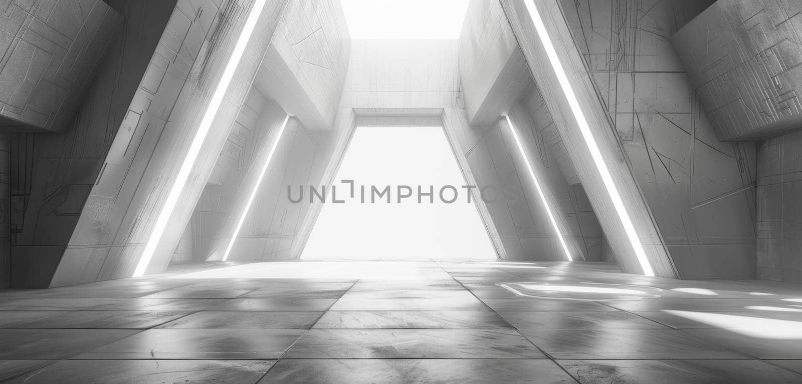 Sunlight streams through a futuristic passage, casting sharp shadows and illuminating a path that seems to lead to an unknown, bright destination