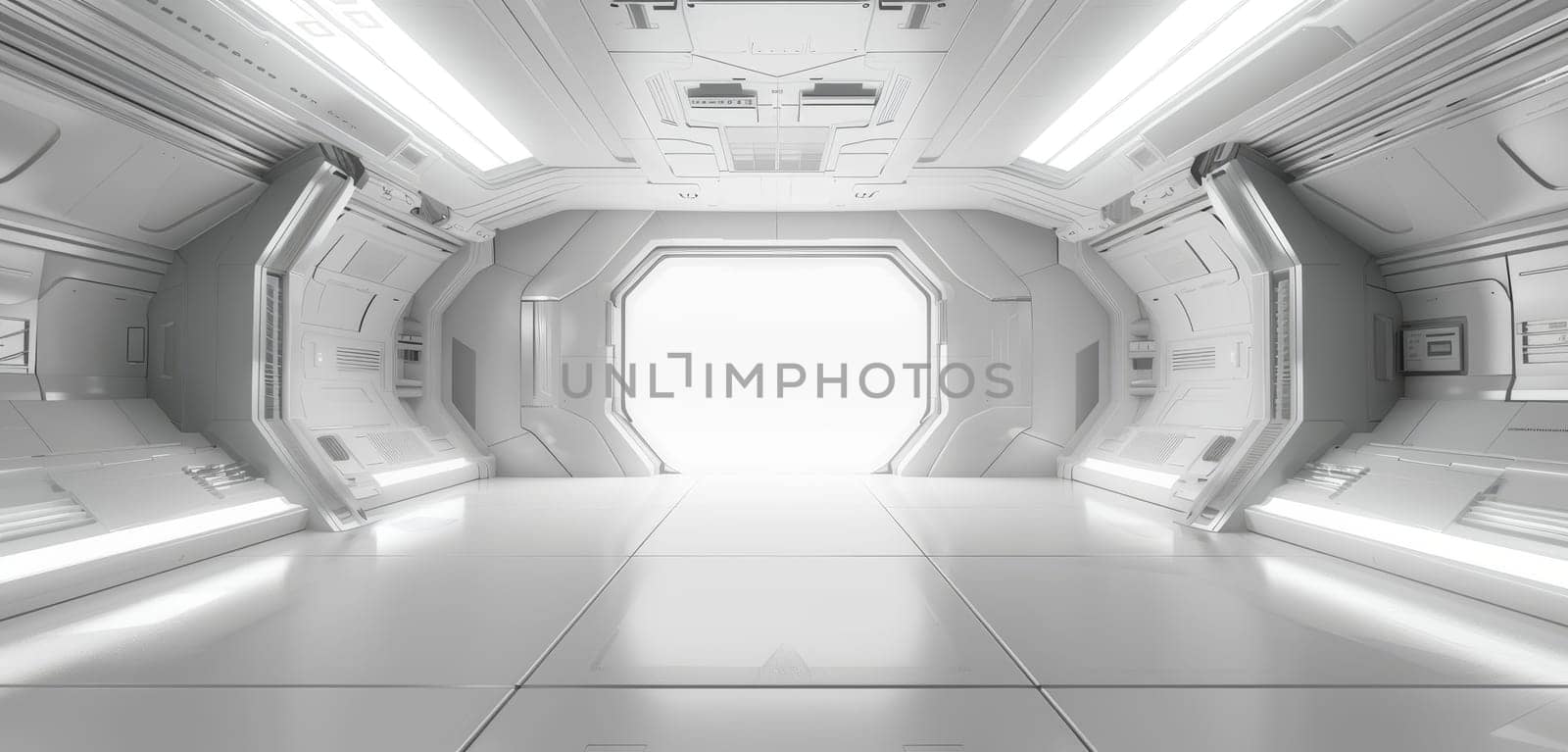 The corridor of a space station is bathed in white, with light flooding in from the end, symbolizing hope and the future. The clean design emphasizes advanced technology and order