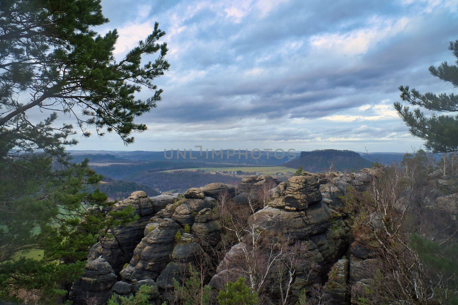 View from the Pfaffenstein. Forests, mountains, vastness, panorama. Landscape from the Elbe Sandstone Mountains.