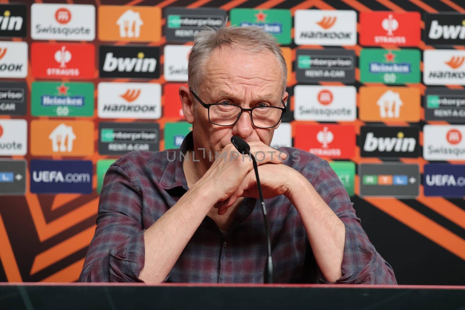 Coach Christian Streich (SC Freiburg at the press conference,PK before Soccer Europa League - Qualification 1/8 Final,SC Freiburg vs RC Lens