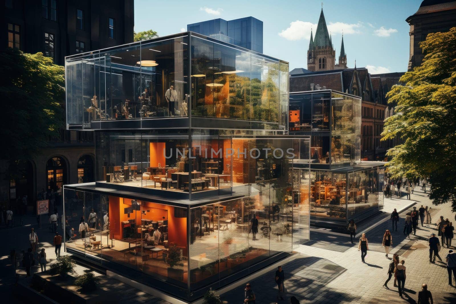 Aerial view of crowded downtown in the city. Drone view of financial and commercial district. High glass buildings with offices and stores. Modern architecture. People walking on the city square