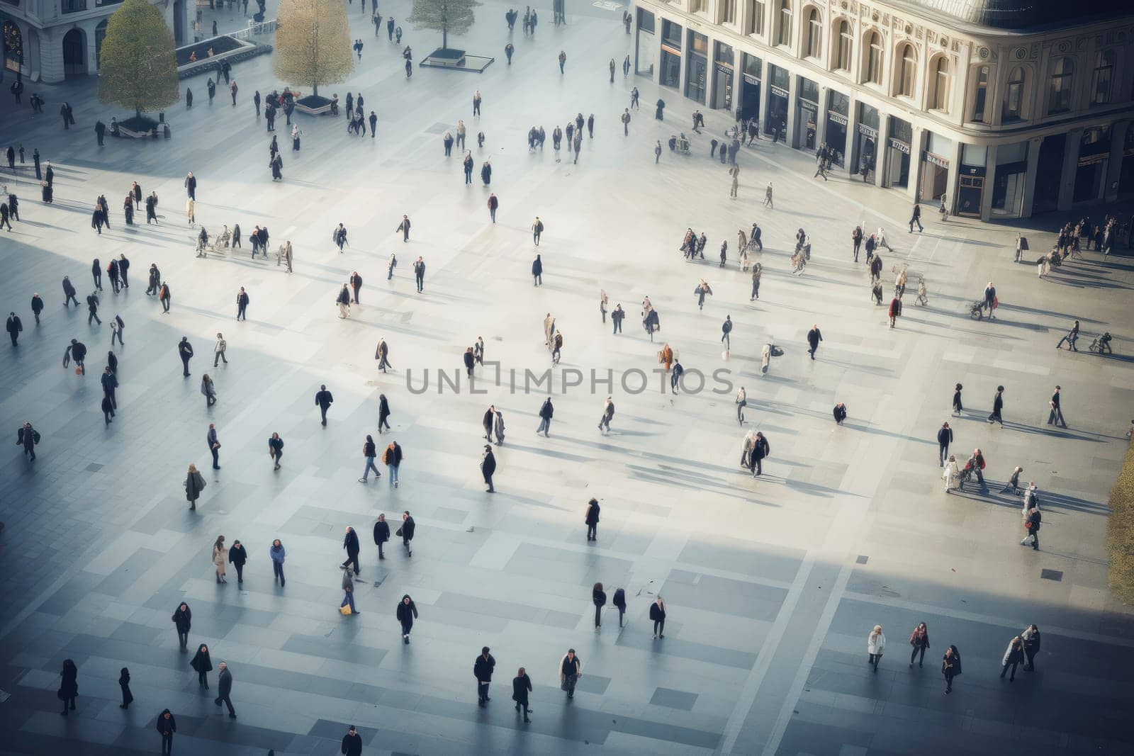 Aerial view of crowded downtown in the city. Drone view of financial and commercial district. High glass buildings with offices and stores. Modern architecture. People walking on the city square