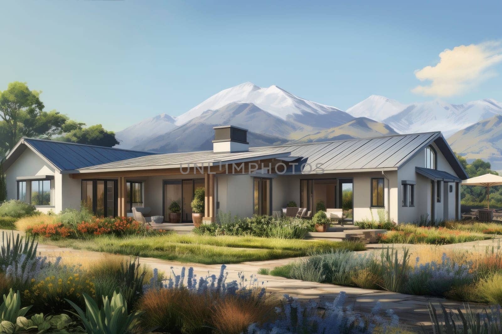 Small house near the mountains. Holiday lodge close to nature. Summer holiday cottage with garden. Exterior of real estate. Travel accommodation. Summer vacation destination