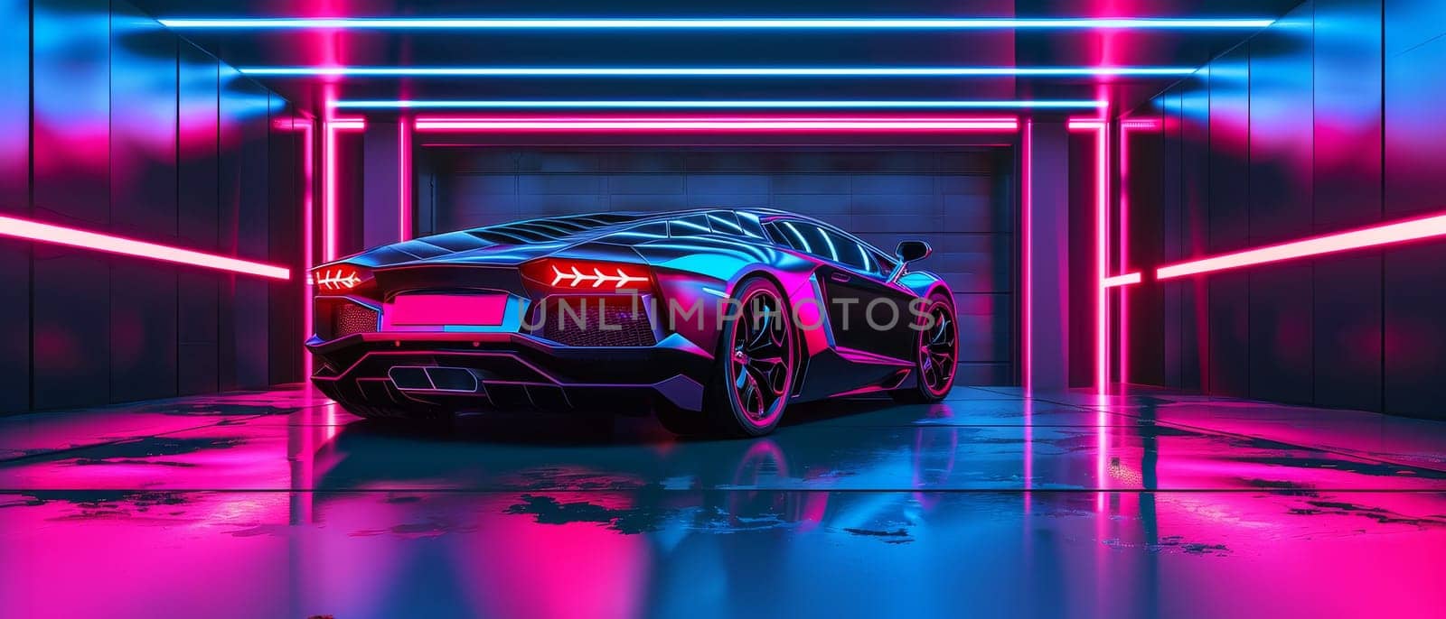 A high-performance car sits poised in a neon-lit garage, its reflective surfaces mirroring the vivid colors of its surroundings. It's a scene that captures fusion of raw power and futuristic design