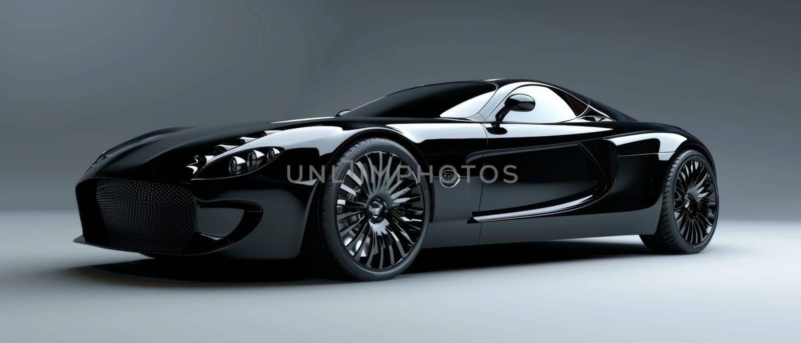 A sleek roadster in a monochrome studio, its polished black body reflecting the soft light, exuding elegance and modern design. The car's classic roadster shape hints at both speed and luxury