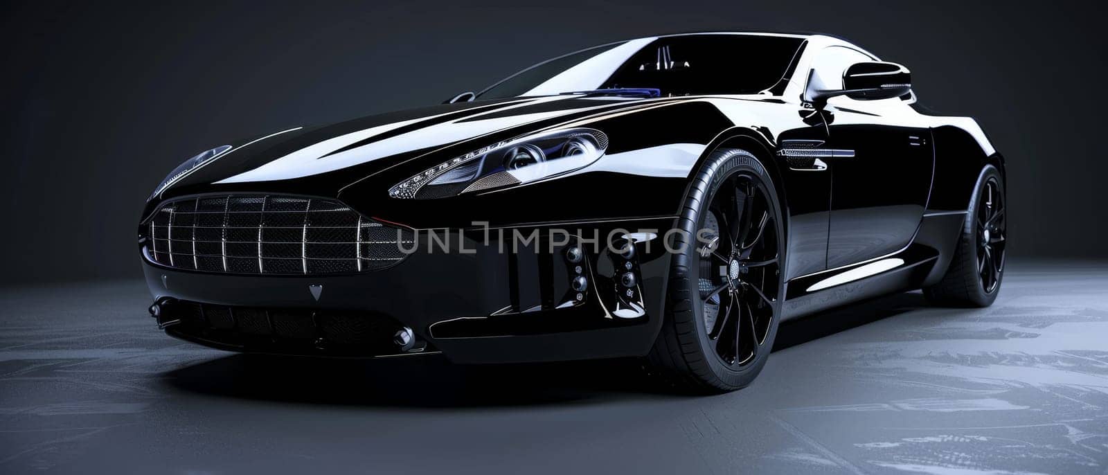 A glossy black coupe exudes class and power, showcased against dark minimalist backdrop that emphasizes its sleek and sophisticated design. The car's muscular stance suggests performance and agility