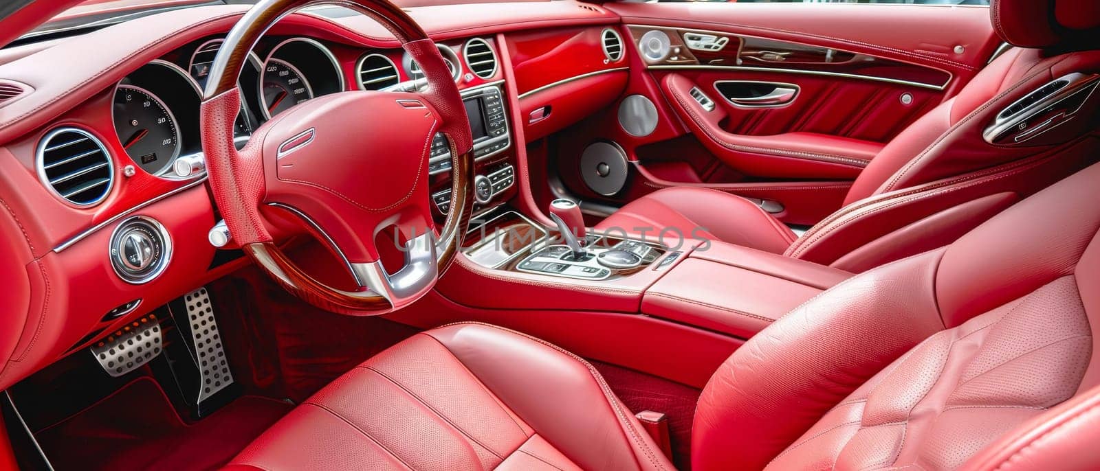 A vivid red luxury car interior pops with color, its seats and steering wheel crafted for the ultimate expression of style and comfort