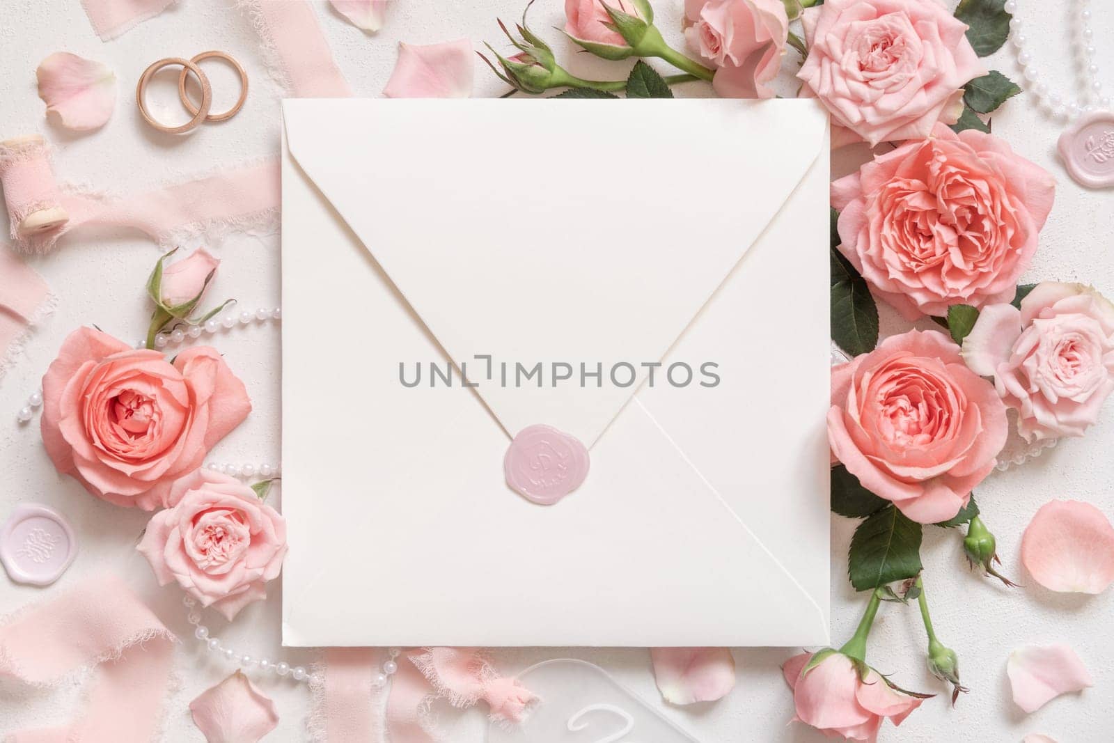 Blank sealed envelope near light pink roses, petals and silk ribbons on white table top view, wedding mockup. Romantic scene with square envelope and pastel decor