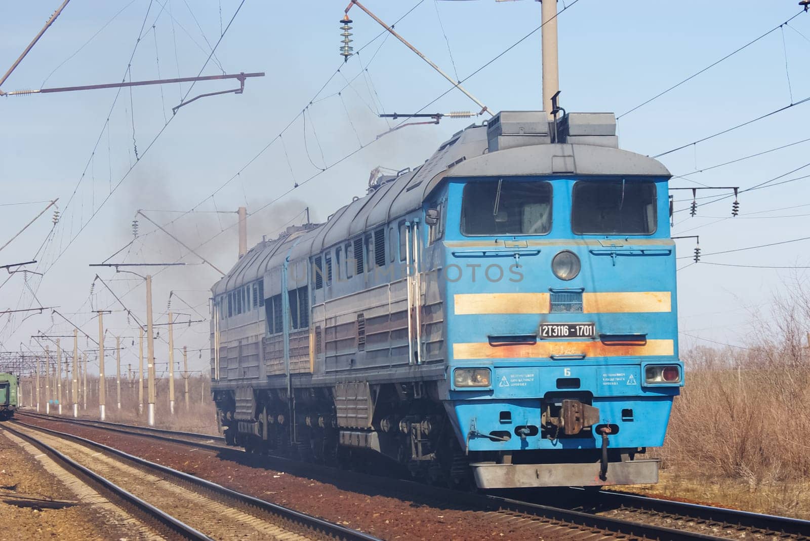 Novosibirsk, Russia - July 20, 2018: locomotive or engine is a rail transport vehicle that provides the motive power for a train.