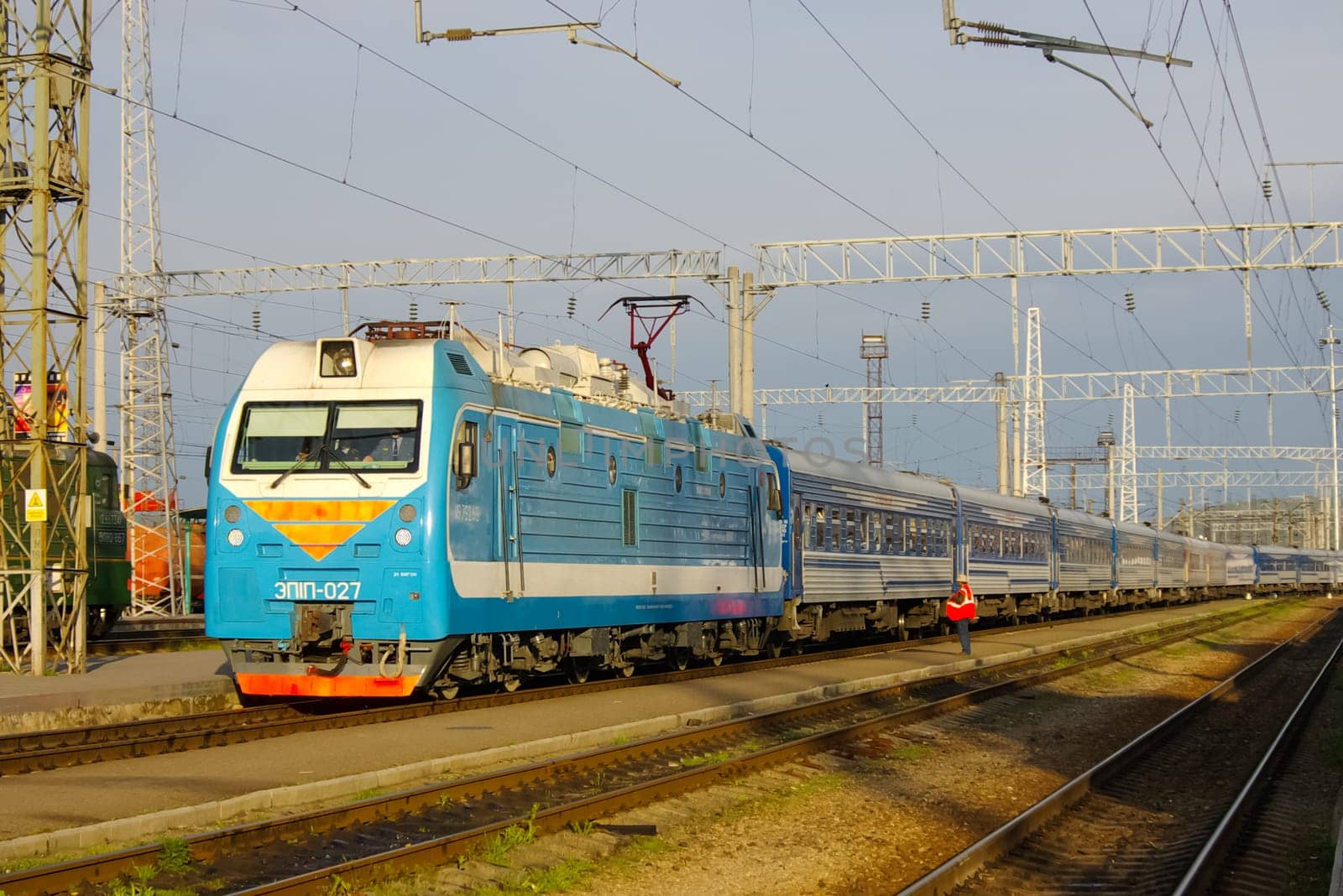 Novosibirsk, Russia - July 20, 2018: locomotive or engine is a rail transport vehicle that provides the motive power for a train.