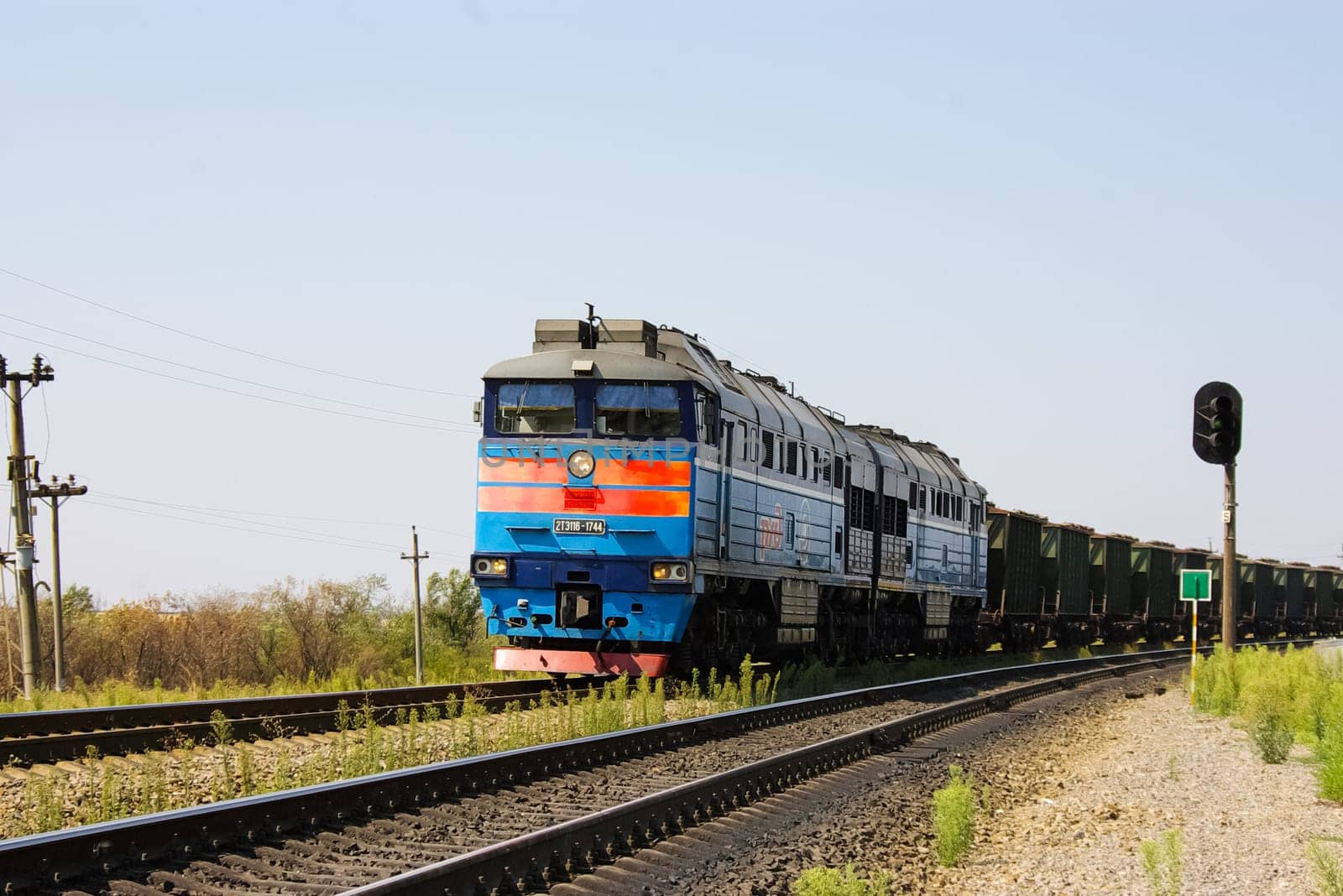 Novosibirsk, Russia - July 20, 2018: locomotive or engine is a rail transport vehicle that provides the motive power for a train.
