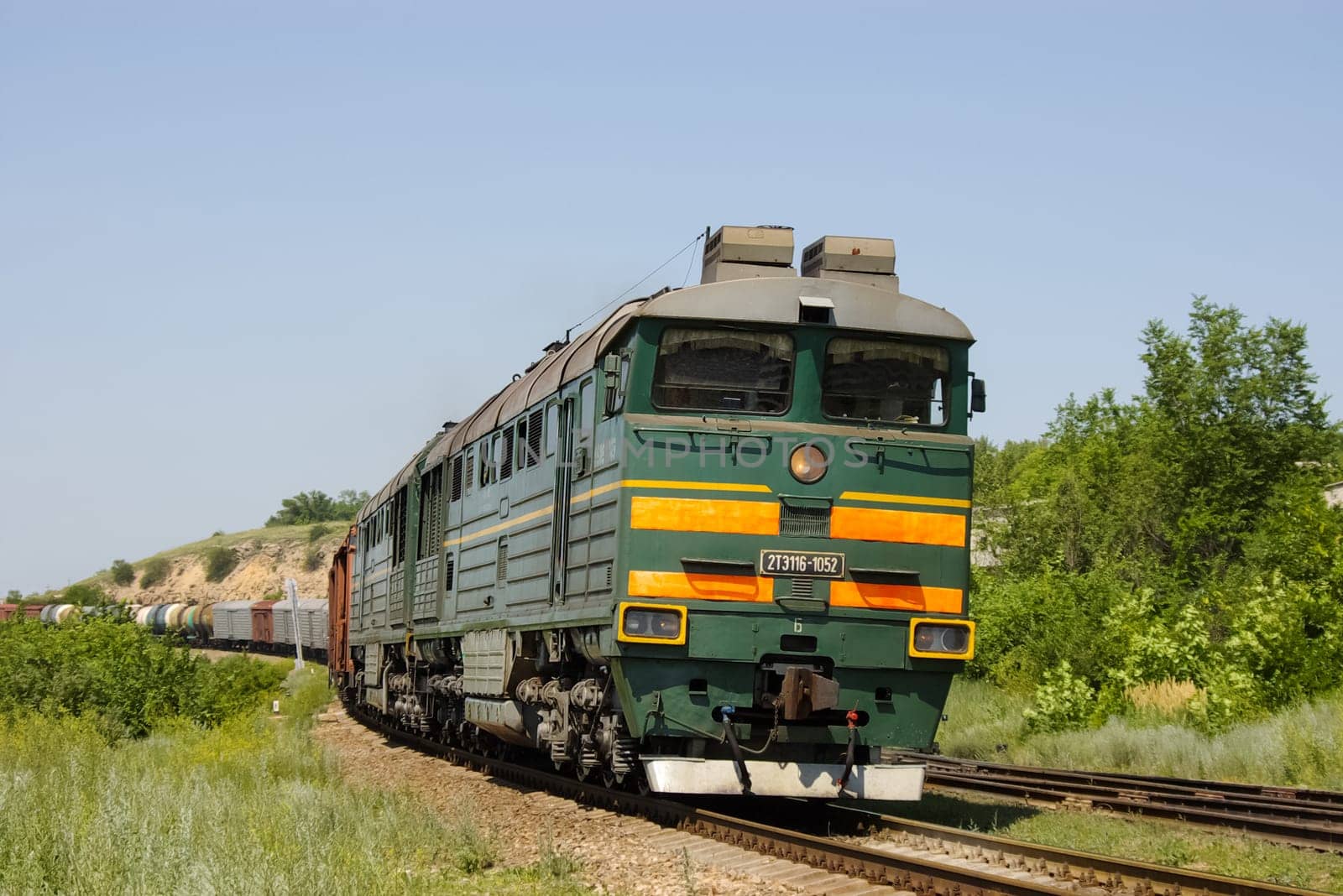 Novosibirsk, Russia - July 20, 2018: locomotive or engine is a rail transport vehicle that provides the motive power for a train.