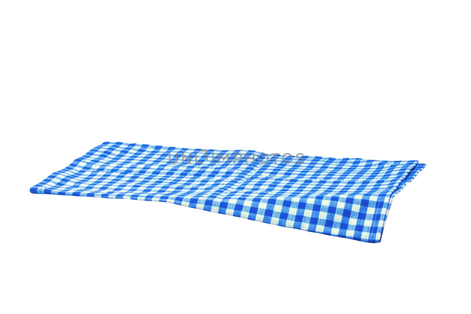 Closeup of a blue and white checkered napkin or tablecloth texture isolated on white background. Kitchen accessories.
