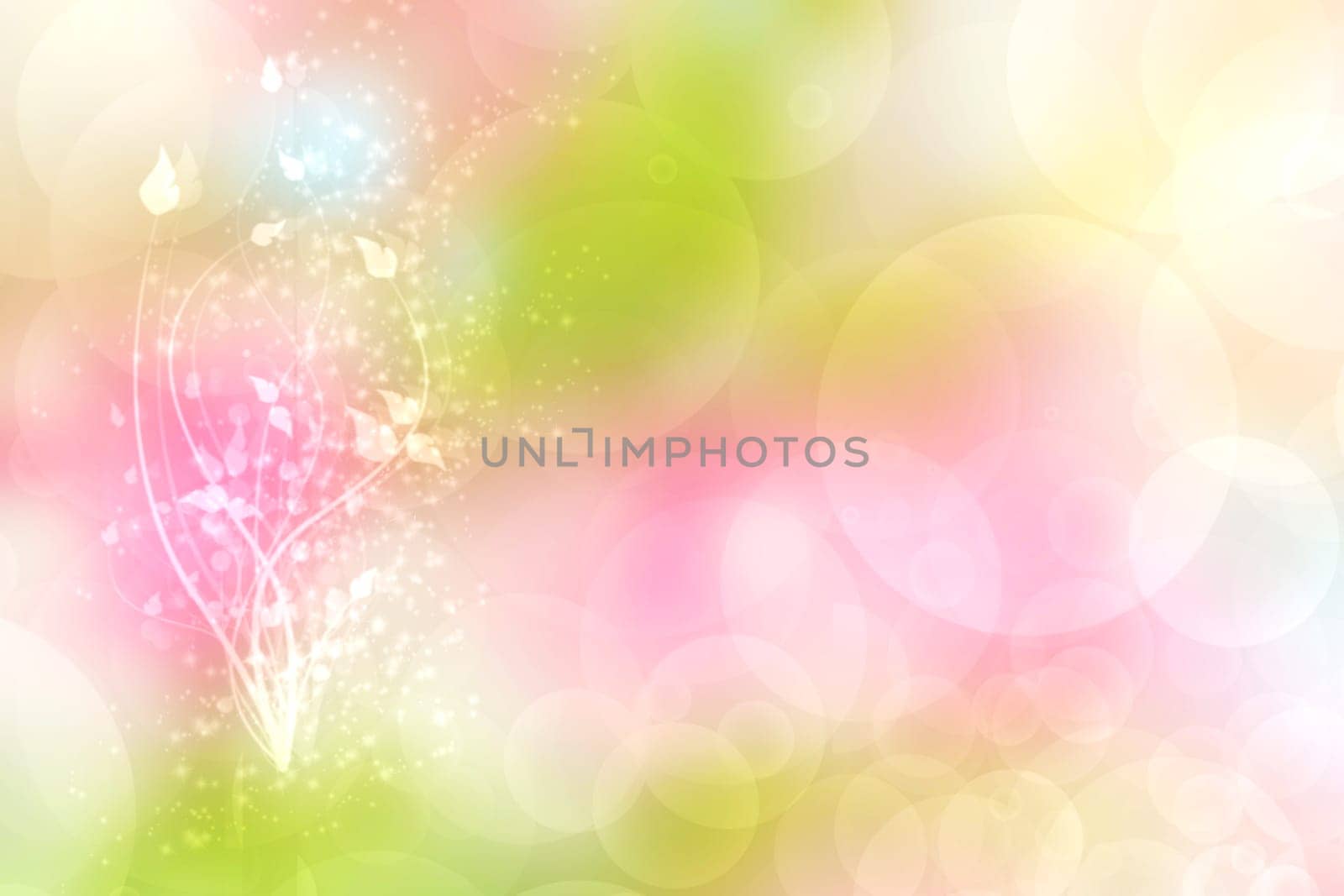 Greeting card template. Abstract festive green yellow pink Happy spring greeting card with branches,flowers and leaves. Mothers day, valentine, wedding or other holidays.