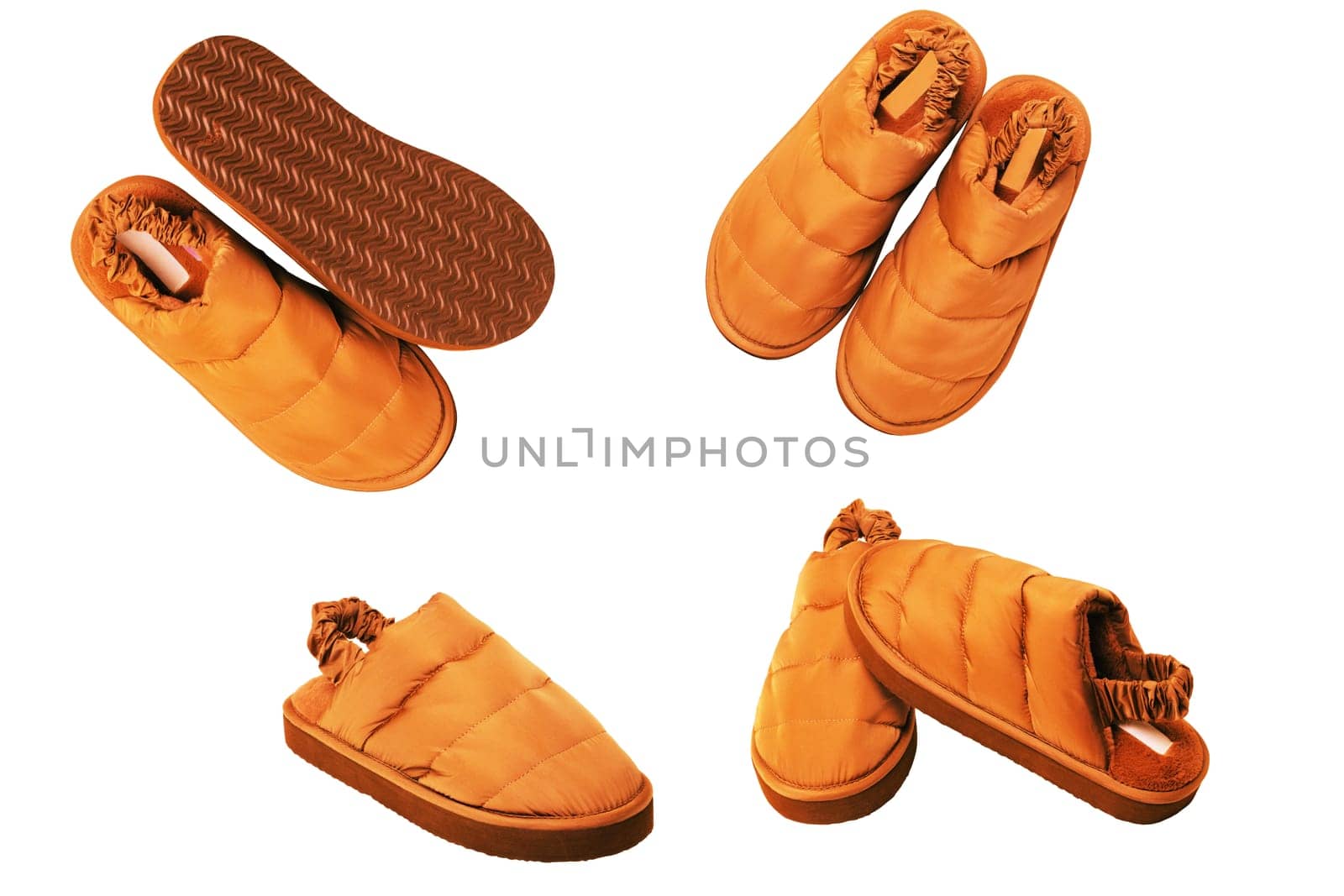 Slippers isolated. Collage set various views of female brown warm and soft cosy terry house slippers isolated on white background.  Womans shoes. Macro.