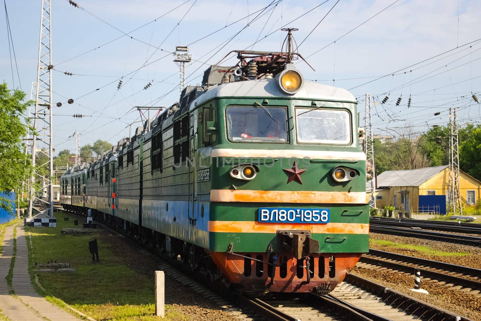 Novosibirsk, Russia - July 20, 2018: locomotive or engine is a rail transport vehicle that provides the motive power for a train.
