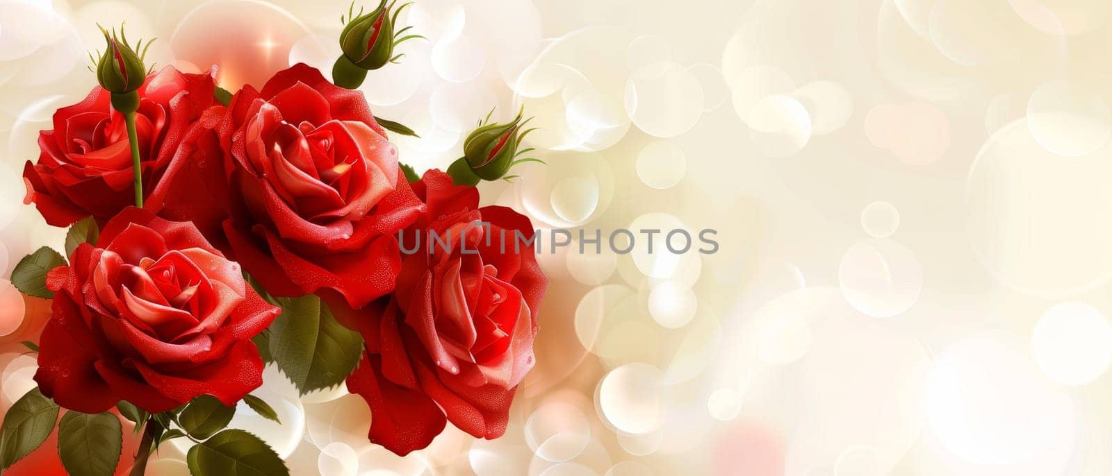 Vibrant red roses stand out against a soft bokeh background, giving a sense of luminosity and depth. The image captures the essence of romance and celebration
