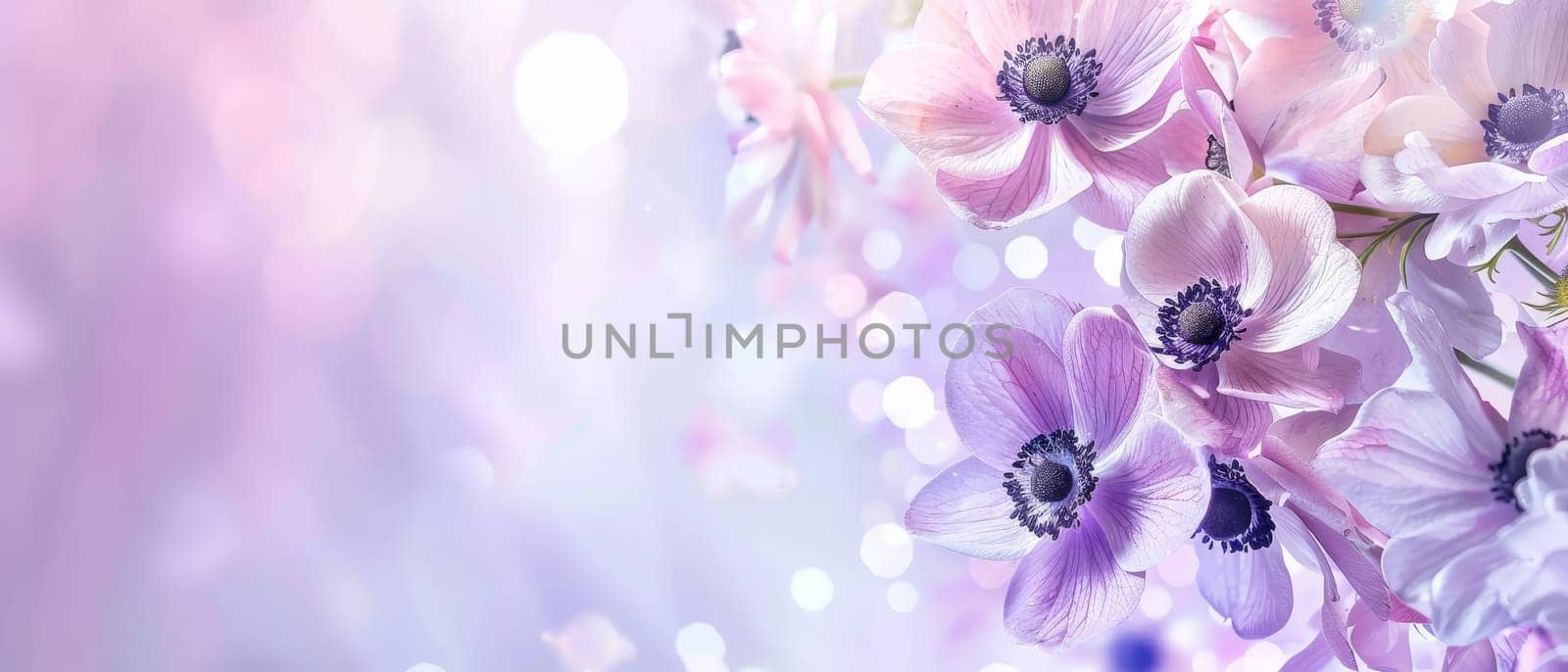 A tapestry of anemones in shades of purple and white, bathed in a dreamy pink light, this image captures the essence of floral harmony and springtime bliss. It conveys serene, yet vibrant atmosphere