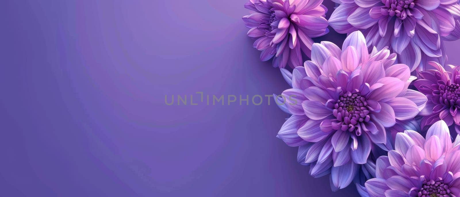 A tranquil array of purple dahlia flowers set against a gradient purple backdrop. Their vibrant hues and intricate petal structures evoke a sense of calm and elegance