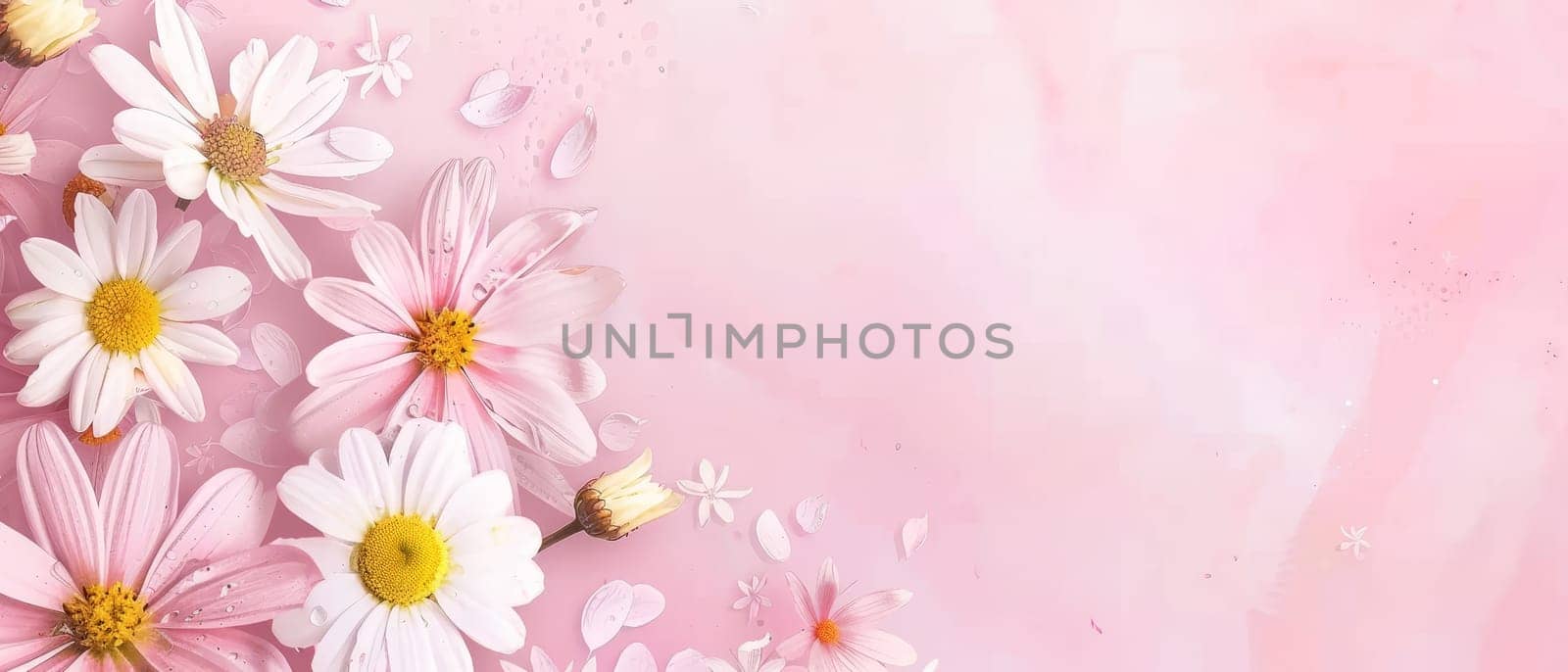 White daisies with sunny cores grace a blush pink canvas, their scattered arrangement creating a dance of shadows and light. This image is a celebration of delicate beauty and soft contrasts