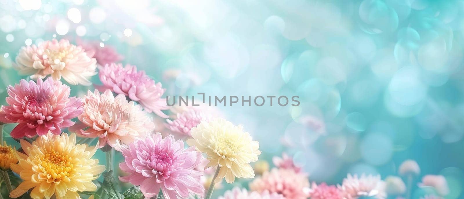 Pastel chrysanthemums bloom with soft focus bokeh lights in the background. The image is a dreamy blend of flora and light, perfect for a gentle mood