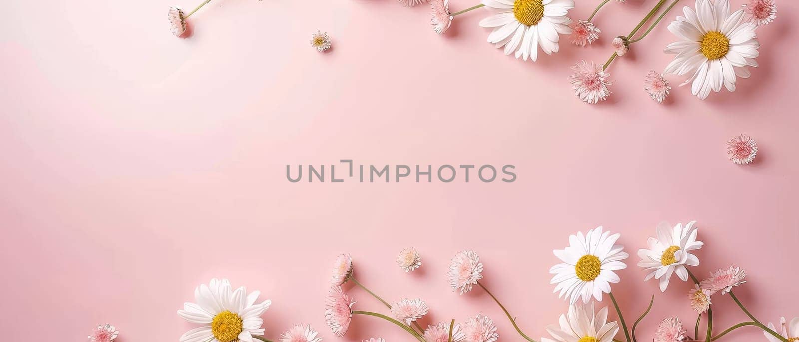 White daisies with sunny cores grace a blush pink canvas, their scattered arrangement creating a dance of shadows and light. This image is a celebration of delicate beauty and soft contrasts