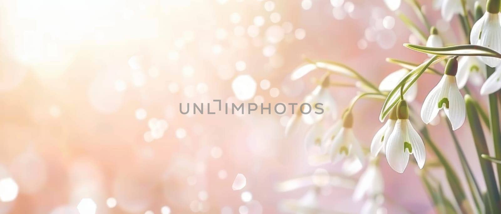 Snowdrops in a soft focus against a radiant pink backdrop, their subtle glow reflecting the tender light of early spring
