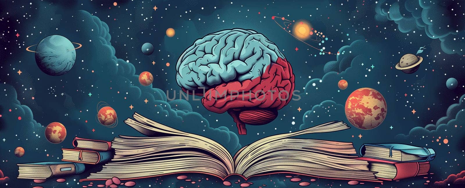 Book with human brain and solar system, education and science concept, learning new skills, have wisdom and knowledge, world book day