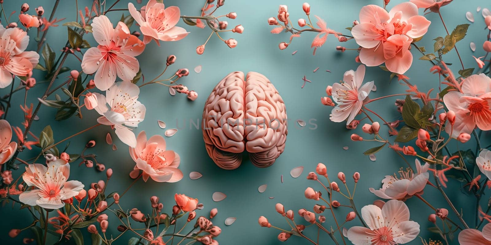 Human brain with spring flowers, self care and mental health concept, positive thinking, creative mind