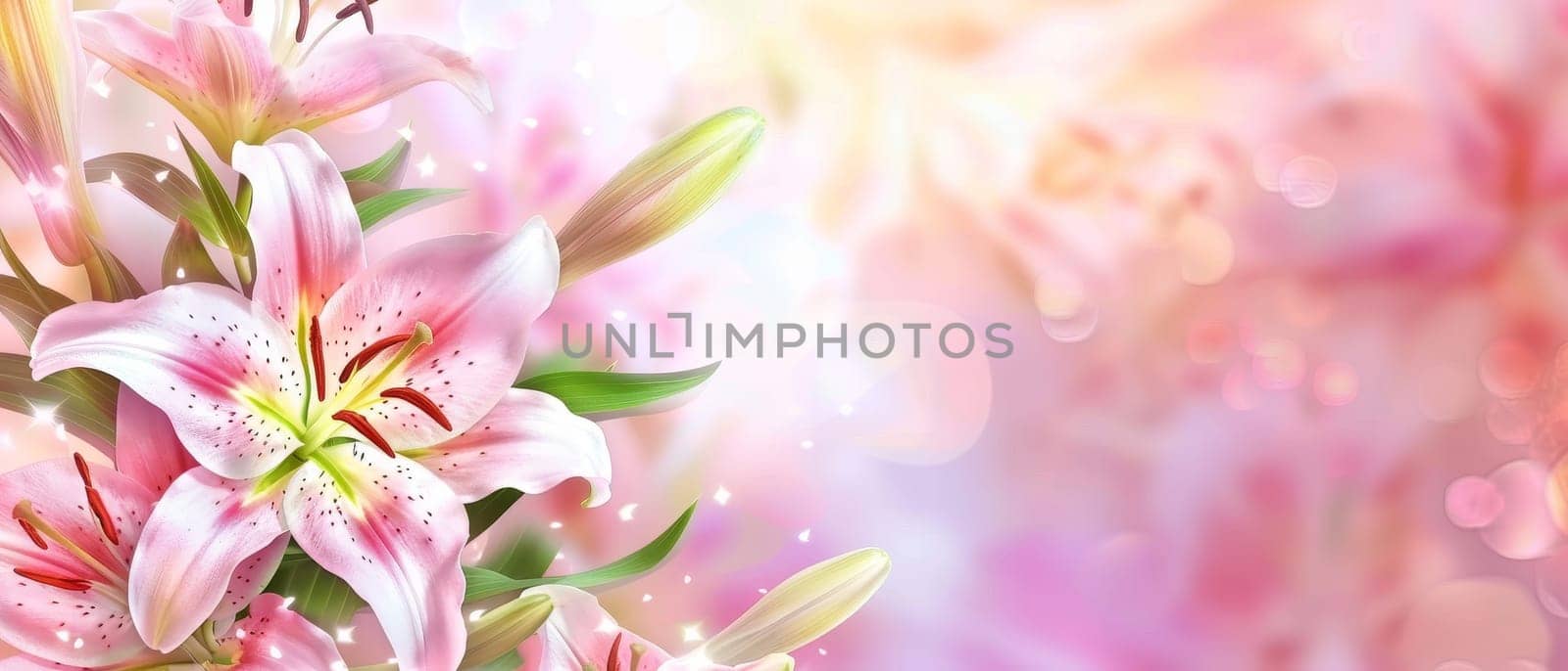 Radiant pink lily blossoms catch the soft light, their petals adorned with delicate spots. The backdrop glows with a warm, bokeh effect, enhancing the flowers' natural charm