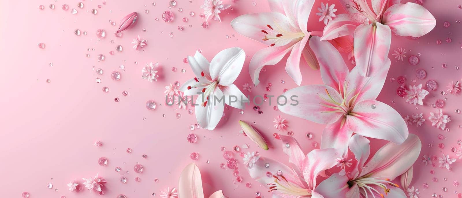 Dreamy lilies float on a pink backdrop sprinkled with glitter and floral motifs, creating a fantastical and whimsical ambiance. The composition merges the charm of flowers with the sparkle of imagination